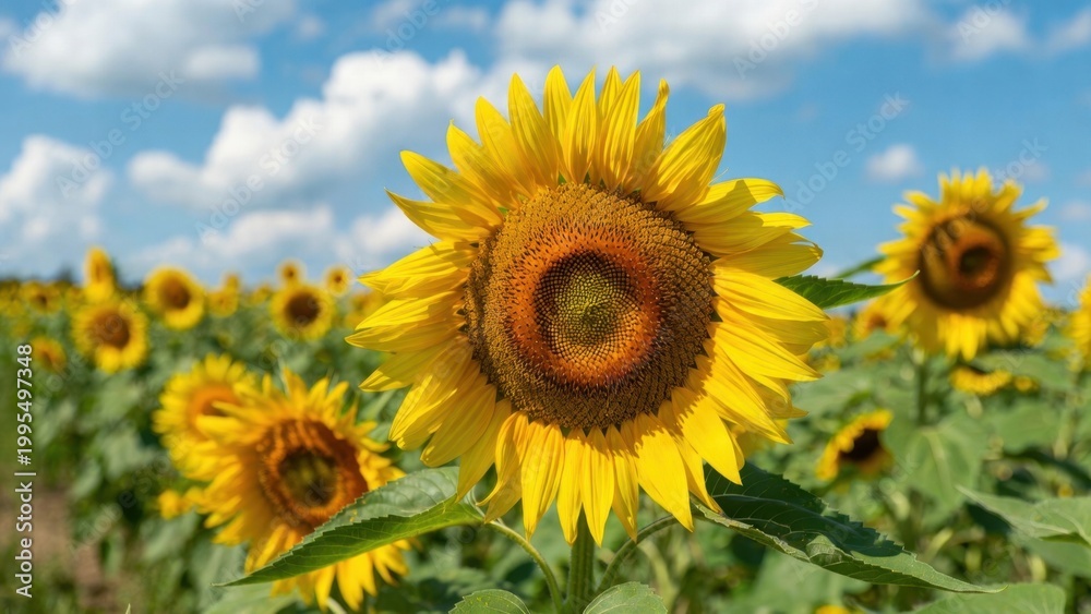 Fototapeta premium Sunflower facing camera in expansive outdoor field under blue sky