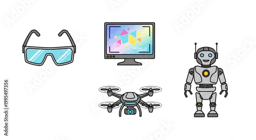 Modern technological gadgets including glasses monitor drone and a friendly robot