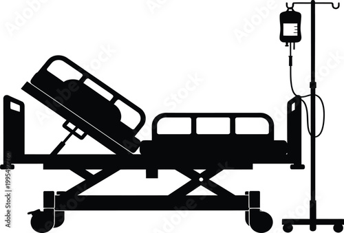 Medical Silhouette Illustration of an Adjustable Hospital Bed with IV Drip Stand for Healthcare Services Intensive Care Patient Recovery and Clinical Treatment