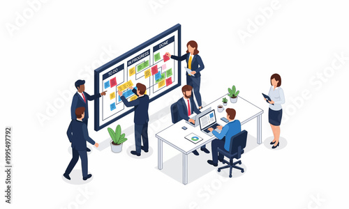 Agile team collaborating on a project using a Kanban board in a modern office setting.
