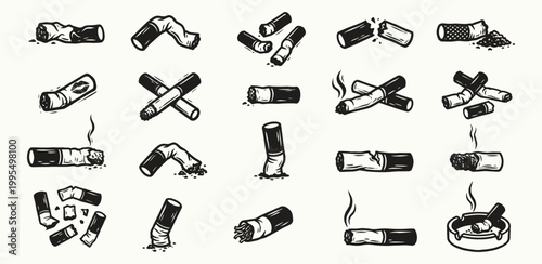 Cigarette butts and smoking addiction icon set for health awareness and wellness campaigns