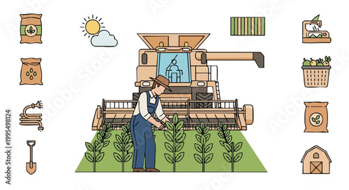 Farmer Harvesting Crops. Agriculture Illustration. Flat Design Style. Vector Graphic. Farm Concept