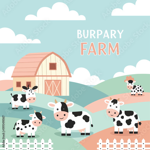 Illustration of cows in a fenced pasture with a barn and rolling hills under a blue sky with clouds.