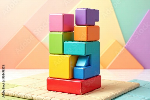 Colorful toy block tower stacked on a mat in a bright playroom