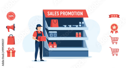 Sales Promotion Concept, Retail Worker Stocking Shelf, Flat Vector Illustration