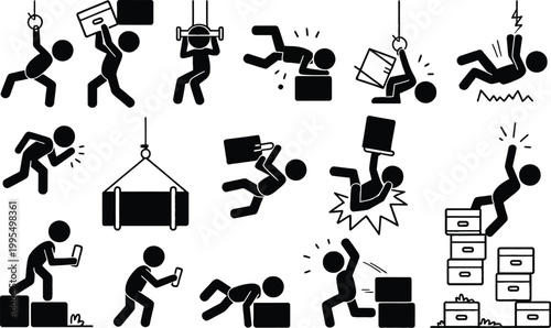 Common Workplace Safety Hazards, Accidents and Prevention Icons Set, Industrial Safety Warning Symbols, Risk Control and Protection Concept Vector Illustration