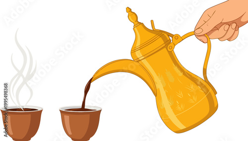Traditional Arabic coffee dallah vector illustration, golden coffee pot pouring into small cups, Middle Eastern hospitality and culture concept