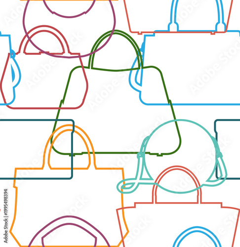 Vector seamless pattern with colorful contour silhouette of various bags. Fashionable texture with outline purses