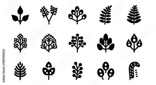 Black leaf icons, botanical symbols, plant silhouettes, vector graphics, 14 elements