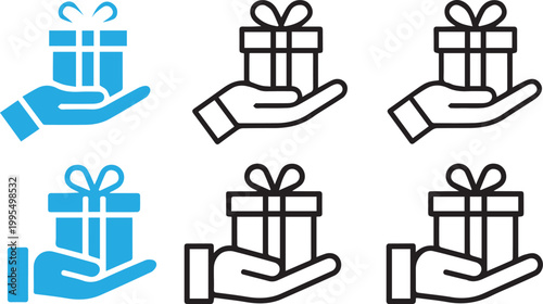 Hand holding gift box icons in blue and black outline styles representing giving, donation, surprise, customer service, holiday present concept vector illustration set