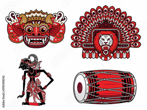 Traditional Balinese art and culture symbols on transparent background
