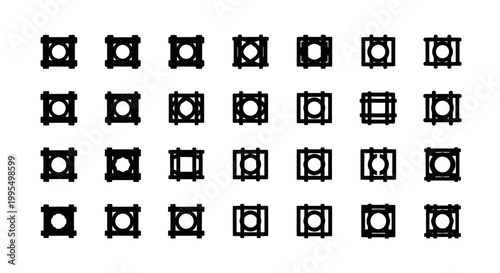 Black geometric shapes, abstract icons, 30 symbol set, vector graphics