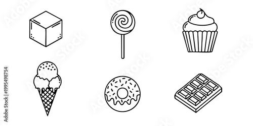 A colorful illustration of sweet treats including a cube, lollipop, cupcake, ice cream, donut, and keyboard on a table indoors.