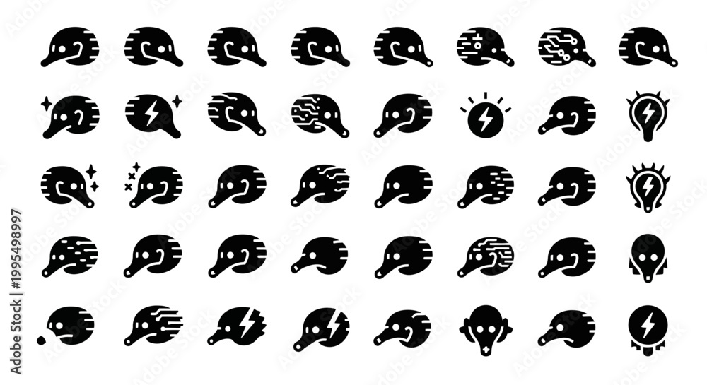 Obraz premium Black light bulb, lamp, and idea icons set, vector illustrations, 40 symbols