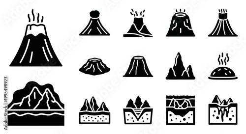 Volcano icons, volcanic eruption symbols, black mountain graphics, 16 silhouette illustrations