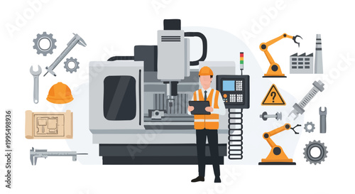 Industrial Manufacturing Engineer. Factory Worker Illustration. Vector Flat Design. Engineering Concept.