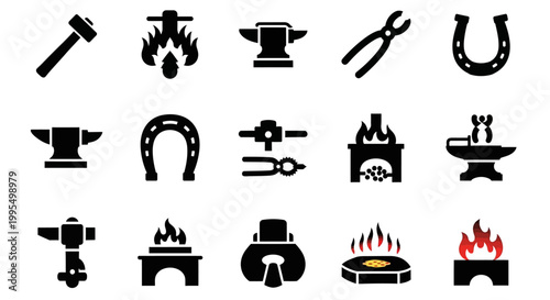 Blacksmith icons, metalwork symbols, industrial tools, 16 fire forge signs
