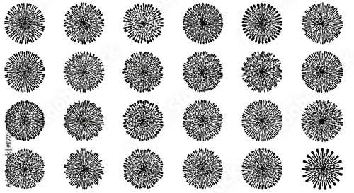 Black and white mandala icons, geometric patterns, 25 circular designs, vector illustrations, decorative elements