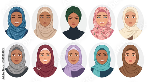 Hijab Woman Avatar Vector Set – Beautiful Muslim Women Cartoon Character Collection