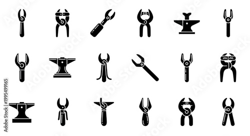 Black wrenches, tools, and anvil icons, 20 piece vector set