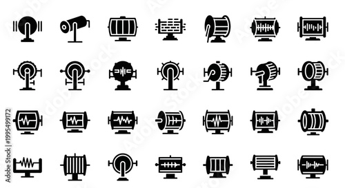 Audio equipment icons, sound wave symbols, music instrument logos, black vector graphics