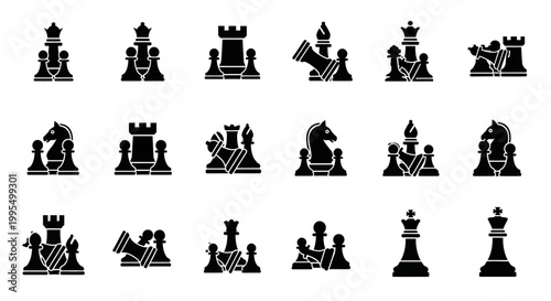 20 Black and White Chess Piece Icons, Vector Illustration Set, Monochrome Design Elements, Chess Symbols Collection