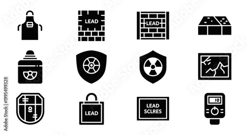 Lead icons, toxic symbols, hazardous signs, warning labels, vector graphics