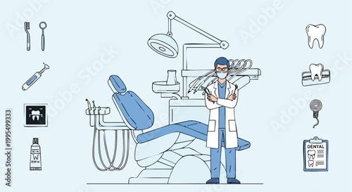 Dentist with Dental Equipment. Dental Clinic Illustration. Flat Vector Style. Healthcare Concept.