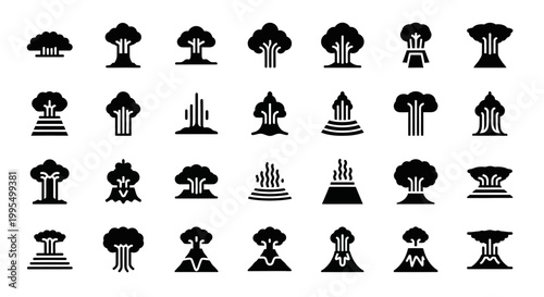 Mushroom cloud icons, explosion symbols, nuclear blast graphics, black silhouette set