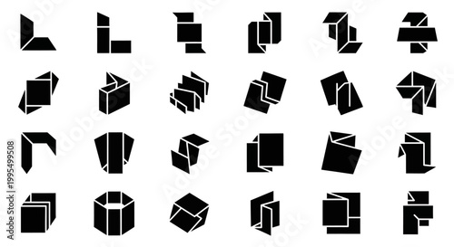 Black 3D Box, Cube, and Rectangle Icons, 25 isometric shapes, vector graphics