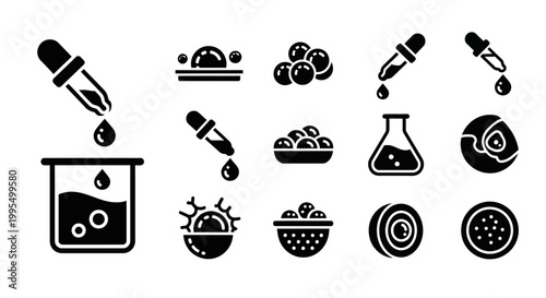 Food, drink, laboratory icons set, 13 black vector graphics, science, culinary symbols