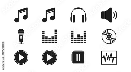 Music symbols and icons including notes headphones and a microphone are shown