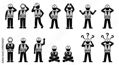 Construction Workers Stick Figures Set, Diverse Emotions Collection, Happy, Sad, Angry, Confused and Excited Characters, Workplace Emotion Concept Vector Illustration