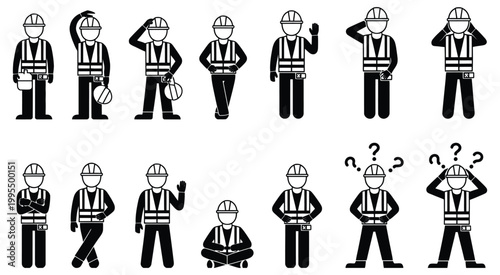 Construction Workers Stick Figures Set, Diverse Emotions Collection, Happy, Sad, Angry, Confused and Excited Characters, Workplace Emotion Concept Vector Illustration