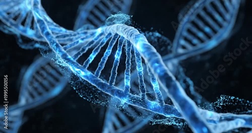 Intricate blue DNA strands twisting in a dark background, symbolizing genetic research and innovation