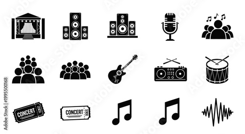 Concert music event with people playing guitar drum and sound equipment