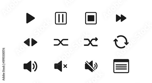 A collection of black icons depicting various audio and video playback controls on a white background