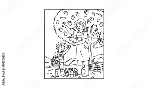Kid harvesting fruit with parent cartoon line art vector illustration farm activity coloring page design