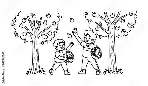 Child helping parent pick fruit cartoon outline vector illustration orchard activity coloring page scene