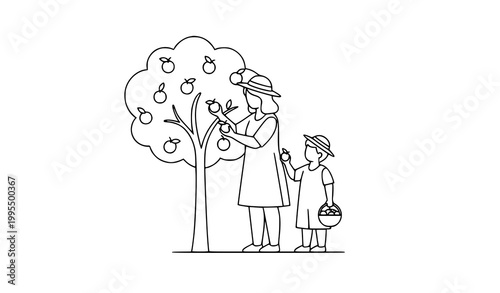 Minimal kid harvesting fruit with parent contour line vector illustration simple farm coloring page design