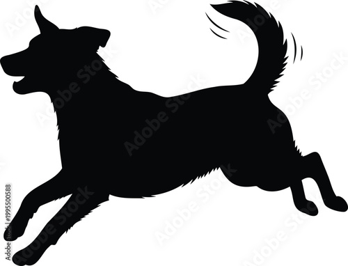 Black silhouette of a dog running isolated on a white background