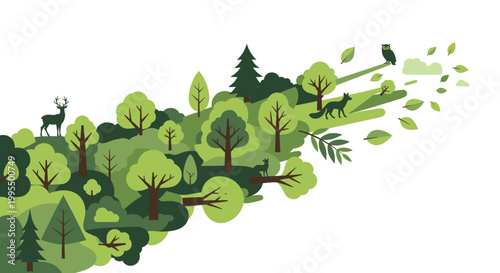 A vibrant, stylized forest scene evokes feelings of tranquility and growth. Ideal for eco-conscious marketing, website design, or social media content