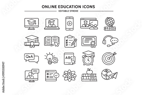 Online Education Icons Set – E Learning, Webinar, Digital Classroom, Study Line Icons Collection