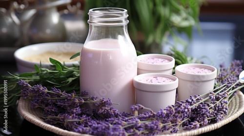 A bottle of lavender milk and small containers on a wicker tray surrounded by fresh lavender flowers and herbs