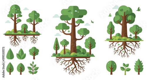 A set of minimalist tree illustrations evokes growth, nature, and tranquility, ideal for website design, presentations, or adding a touch of organic f