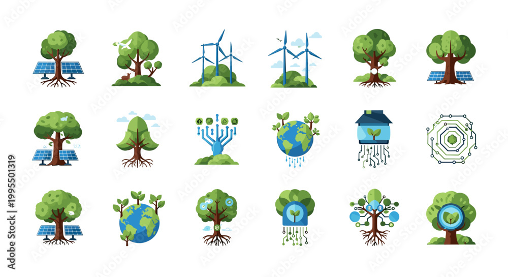 Obraz premium A vibrant illustration symbolizing a harmonious blend of renewable energy and the environment, perfect for conveying growth, sustainability, and eco-c