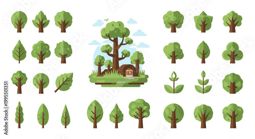 A vibrant set of stylized tree icons conveys growth, nature, and stability. Ideal for website design, presentations, and illustrating environmental th