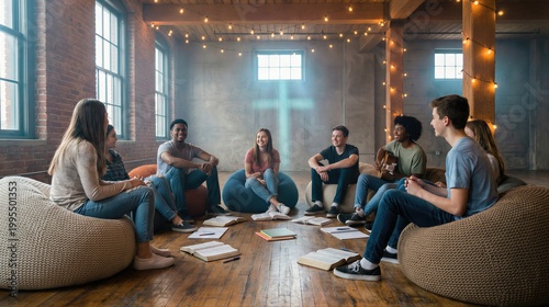 Group of young men and women sitting in circle for modern bible study. Youth ministry gathering in contemporary church interior for faith community.