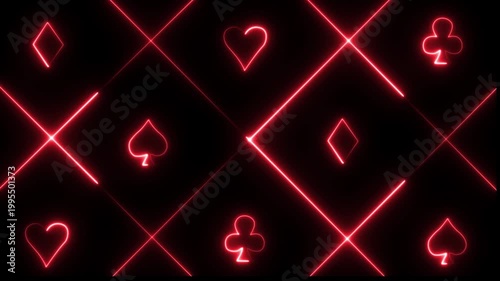 neon spade suit or symbol of playing card, 4k gambling animation. Neon playing cards glowing on black background.