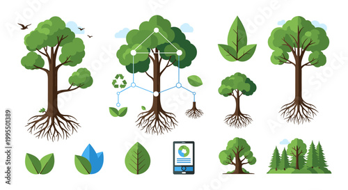 A clean, modern vector illustration depicting tree roots and vibrant green leaves, evoking growth, stability, and organic development for business or 